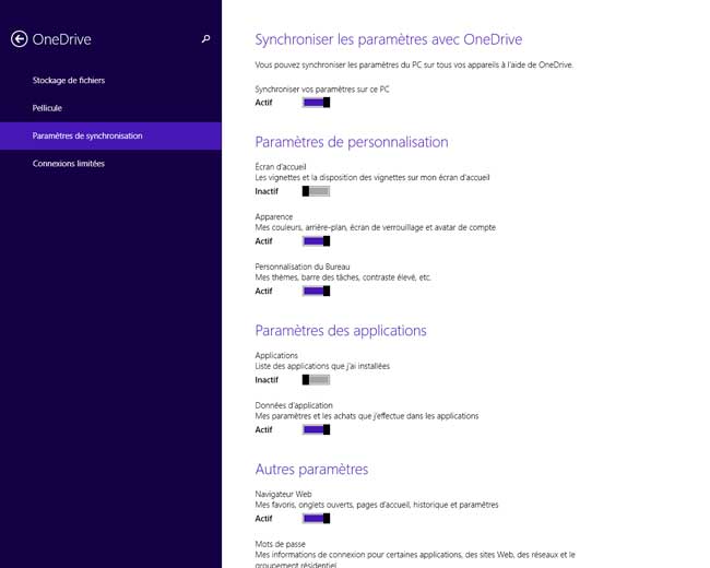 Windows 8.1 - Paramètres de synchronisation