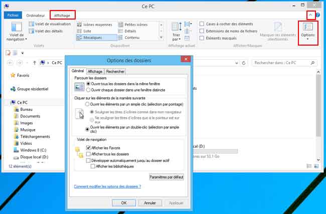 Windows 8 : Option des dossiers