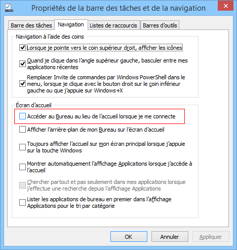 Propriétés de la barre des tâches