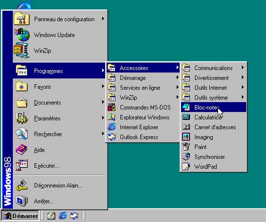 Menu DÃ©marrer sous Windows 98