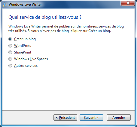Windows Live Writer : choix d'un blog