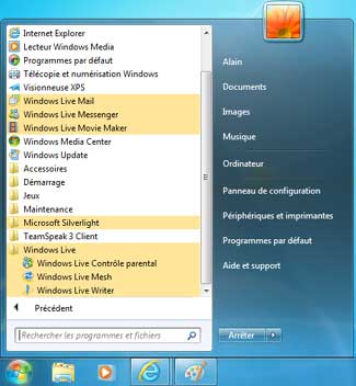 Menu Démarrer avec Windows Live 2011