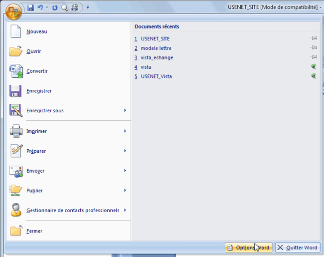 Menu du Bouton Office