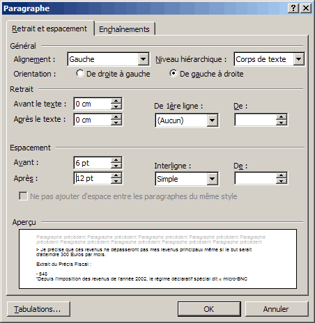 Format de paragraphe dans Word