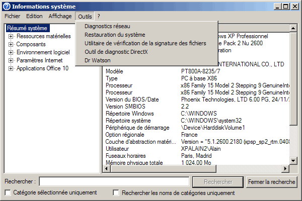 Windows XP : Informations système