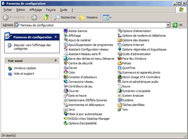 Windows XP : Panneau de configuration