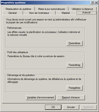 Propriétés système - onglet Avancé 