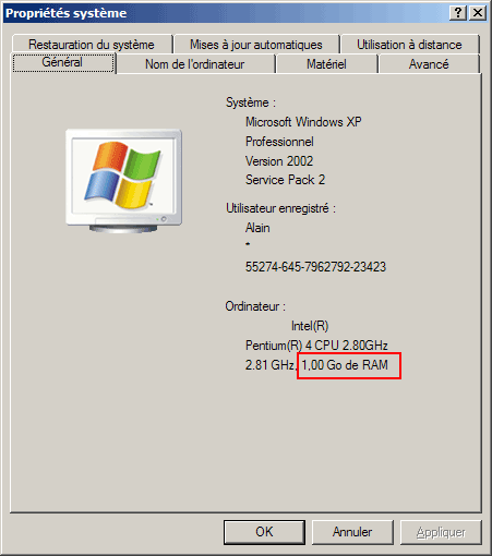 Mémoire installée sous Windows XP