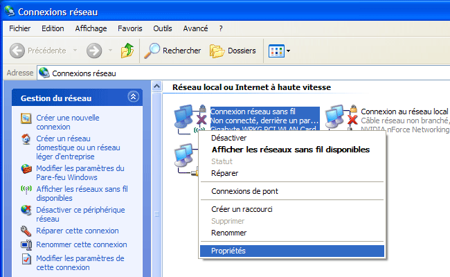 Windows XP : Propriétés de la carte Wi-Fi